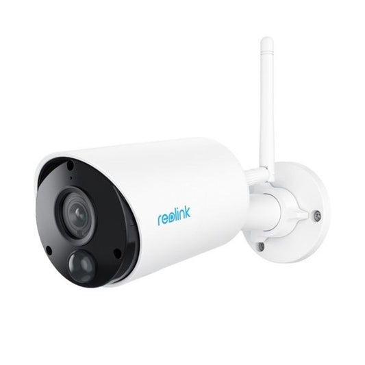 Witte Reolink B320 draadloze bullet buitencamera met zwarte lens, antenne en muurbevestiging.