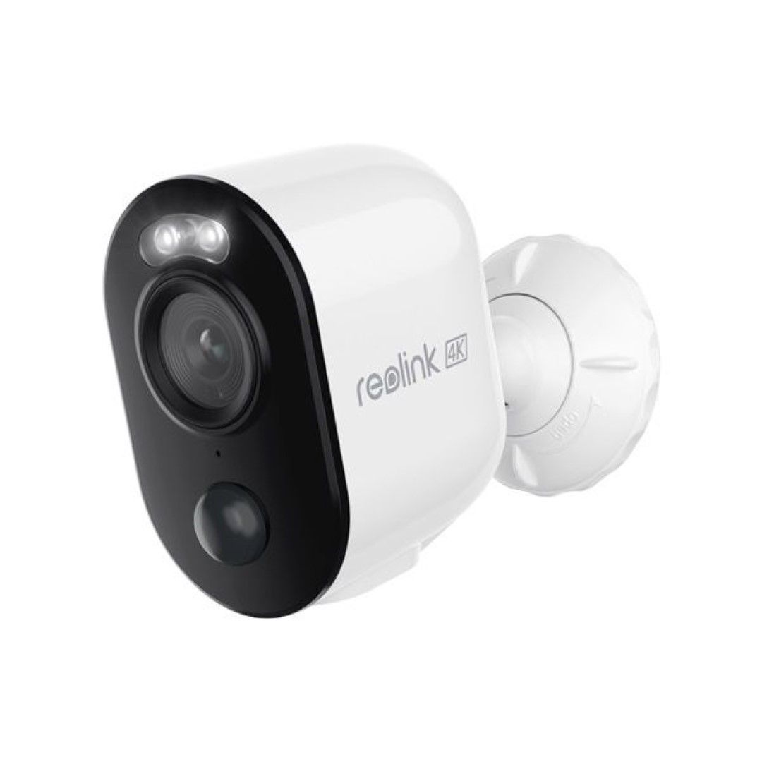Witte Reolink B350 4K draadloze buitencamera met zwarte lens, ingebouwde spotlight en verstelbare muurbeugel.