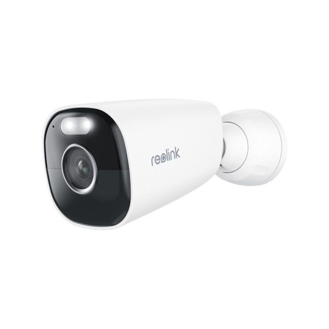 Witte Reolink B360 8MP draadloze bullet beveiligingscamera met spotlight en zwarte lensmodule.