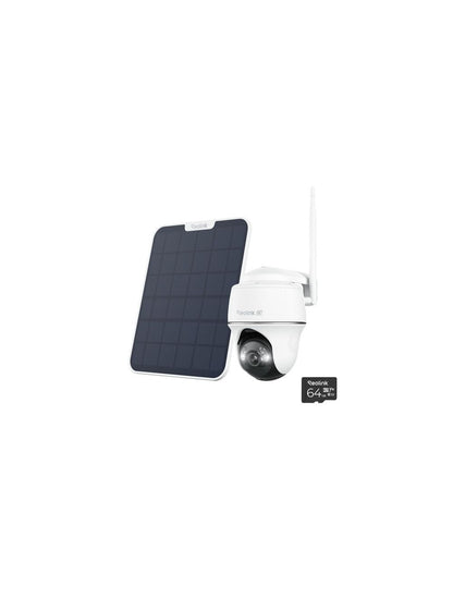 Witte Reolink 8MP PTZ-beveiligingscamera met zonnepaneel en 64GB microSD-kaart voor draadloze buitenbewaking.