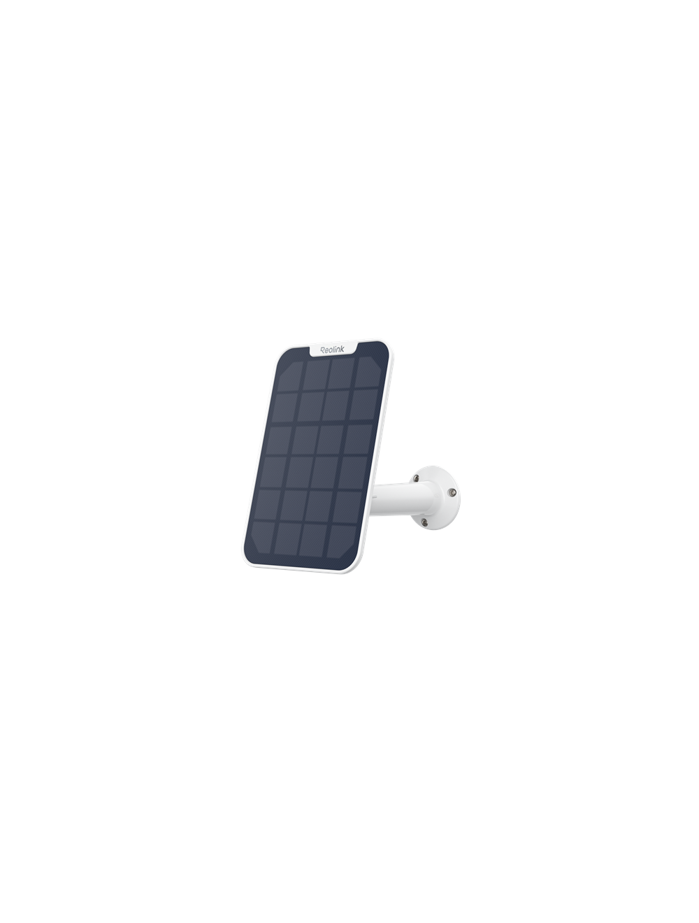 Witte Reolink zonnepaneel met verstelbare muurbeugel voor draadloze beveiligingscamera's.