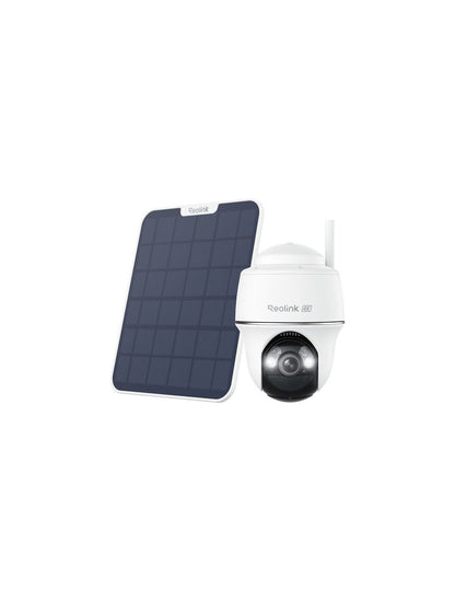 Witte Reolink 4K PTZ-beveiligingscamera met zonnepaneel voor draadloze buitenbewaking.