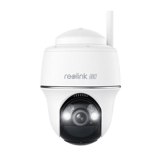 Witte Reolink B440 4K PTZ-buitencamera met draadloze antenne, spotlight en zwarte cameralens.