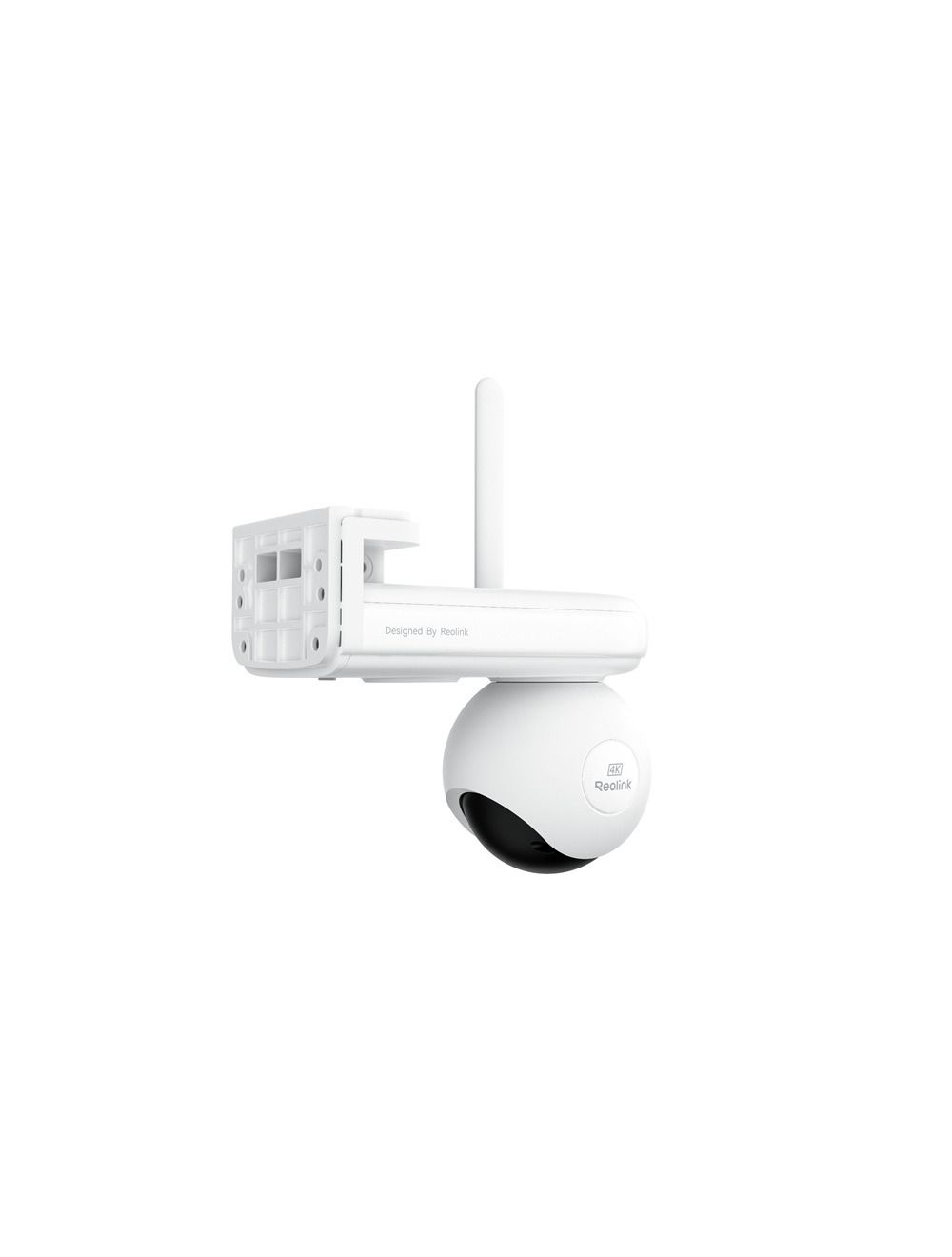 Witte Reolink B660 4K PTZ-buitencamera met draadloos ontwerp, WiFi-antenne en ronde dome-lens op een witte achtergrond.