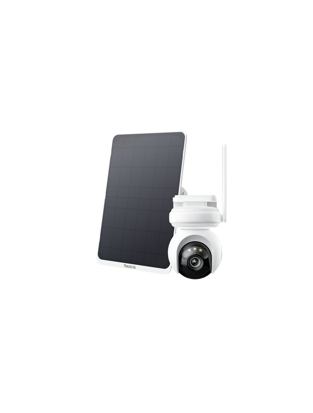 Witte Reolink B660 8MP PTZ-beveiligingscamera met zonnepaneel voor draadloze buitenbewaking.