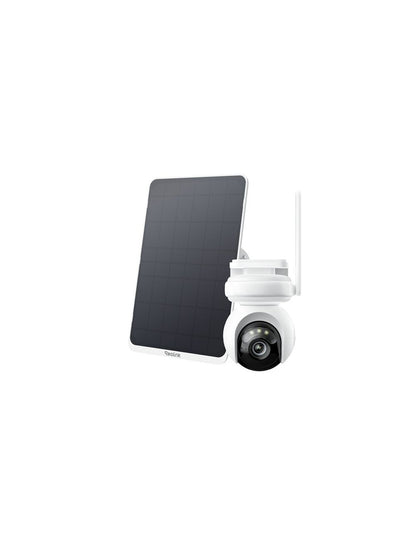 Witte Reolink B660 8MP PTZ-beveiligingscamera met zonnepaneel voor draadloze buitenbewaking.