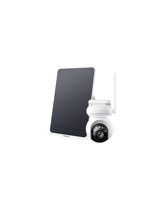 Witte Reolink B660 8MP PTZ-beveiligingscamera met zonnepaneel voor draadloze buitenbewaking.