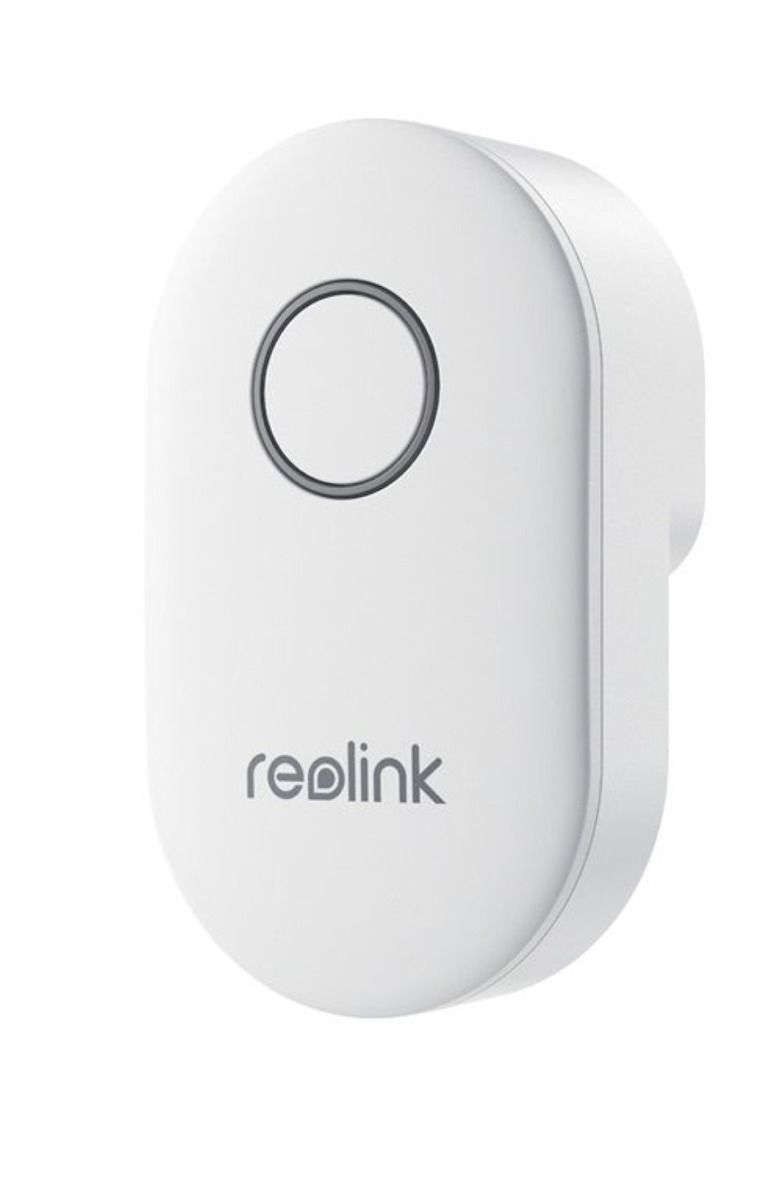 Witte draadloze Reolink gong voor video deurbel met rond drukknopontwerp en strakke afwerking.