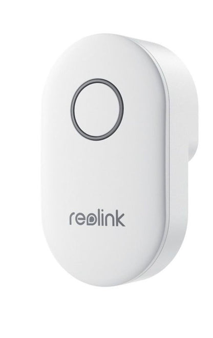 Witte draadloze Reolink gong voor video deurbel met rond drukknopontwerp en strakke afwerking.
