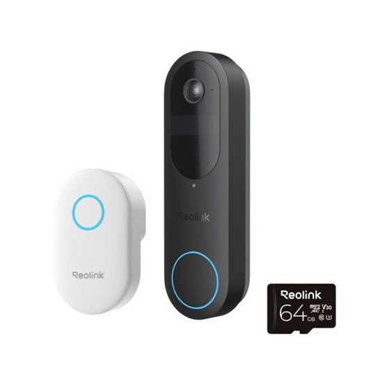Zwarte Reolink D340B video deurbel met witte draadloze gong en 64GB microSD-kaart.