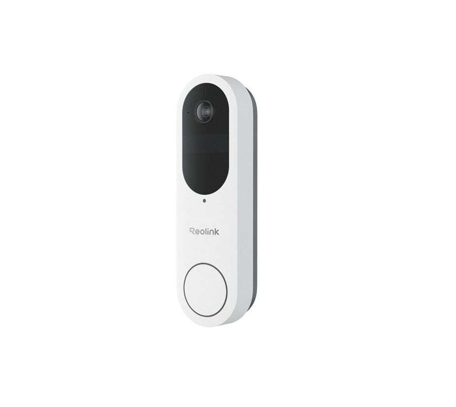 Witte Reolink D340B draadloze 4MP WiFi videodeurbel met camera en ronde drukknop.