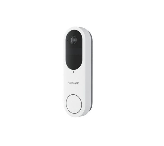 Witte Reolink D340B draadloze 4MP WiFi videodeurbel met camera en ronde drukknop.