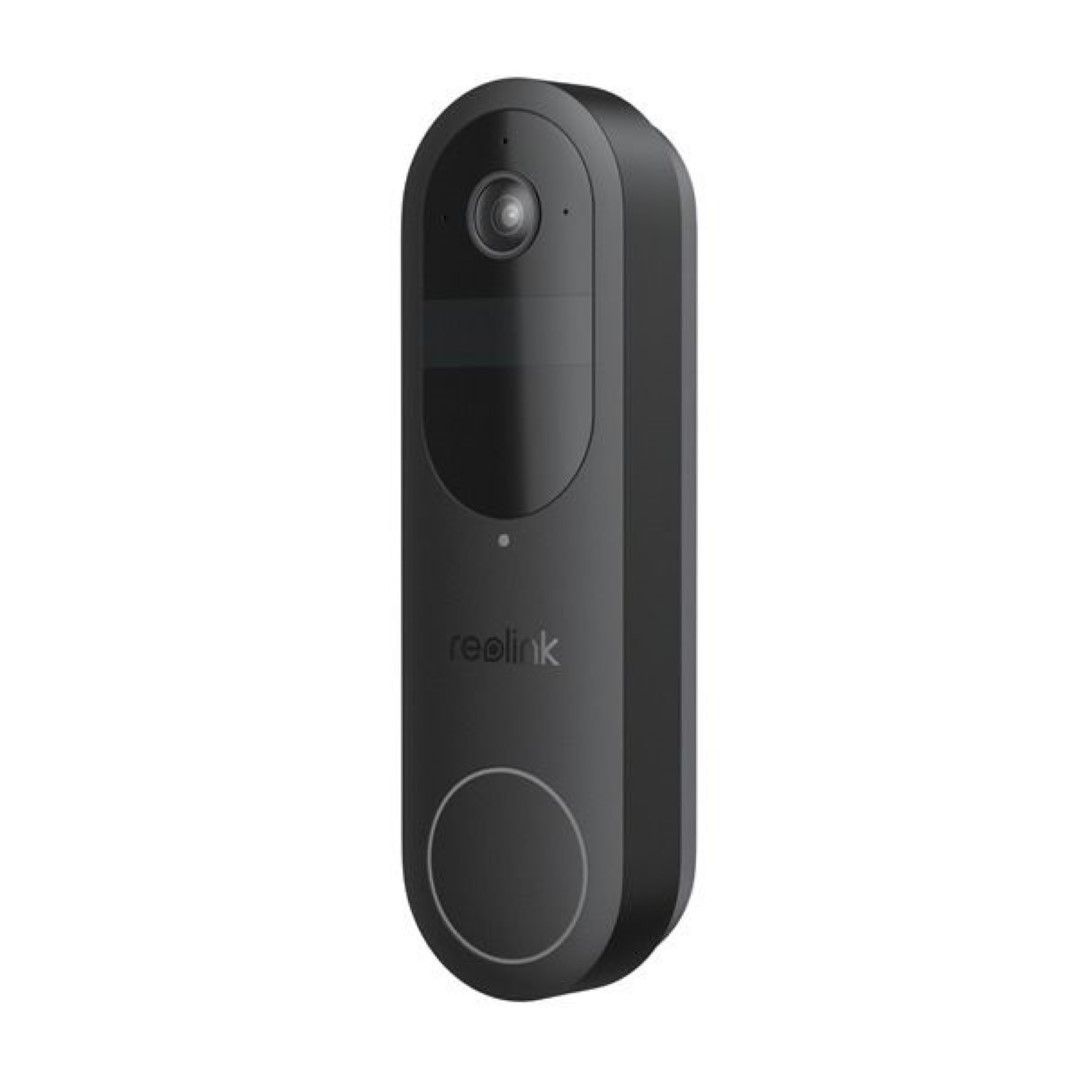 Zwarte Reolink D340B draadloze videodeurbel met camera en ronde drukknop in een slank, modern design.