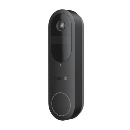 Zwarte Reolink D340B draadloze videodeurbel met camera en ronde drukknop in een slank, modern design.