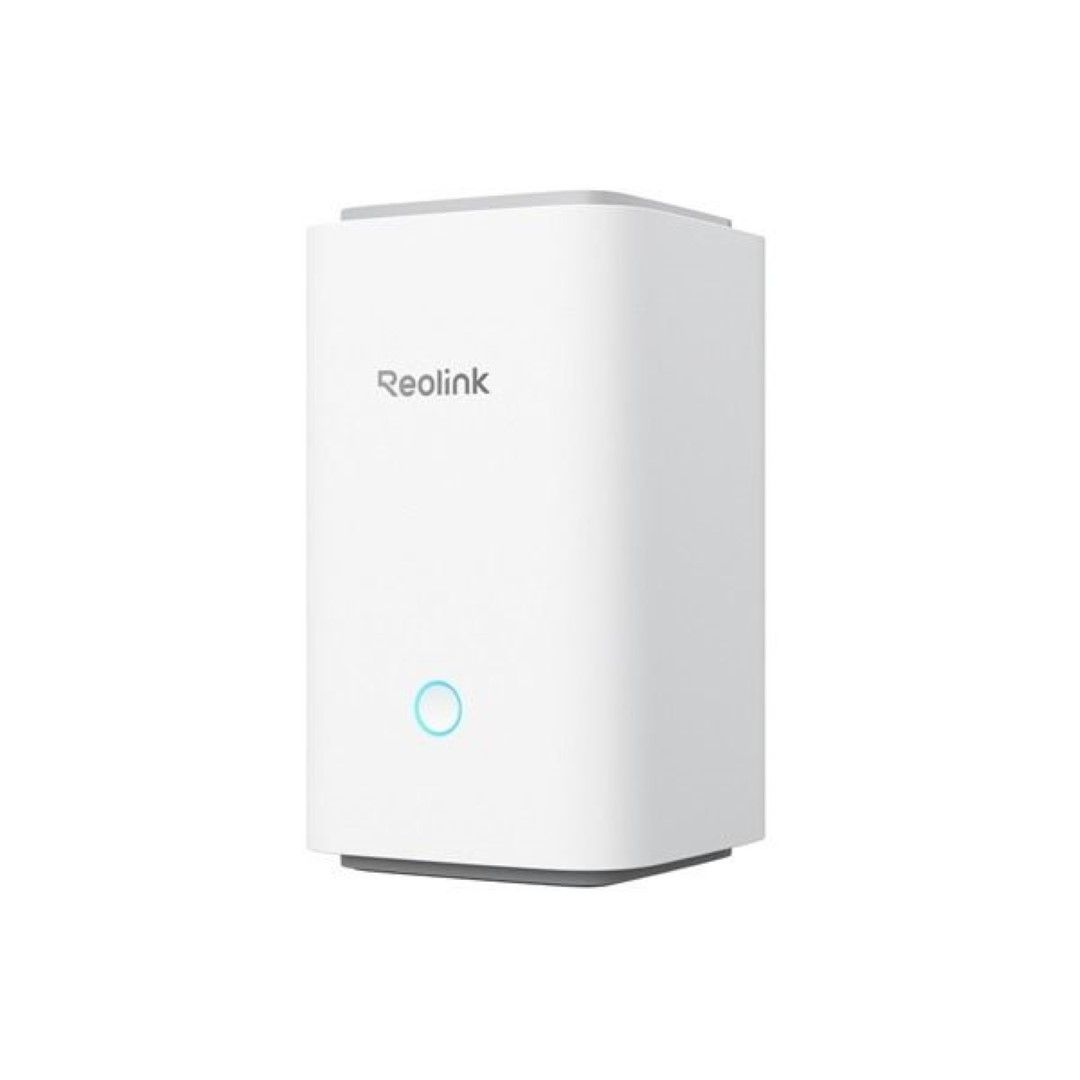 Witte Reolink Home Hub1 voor lokale opslag met minimalistisch design en blauwe statusindicator.
