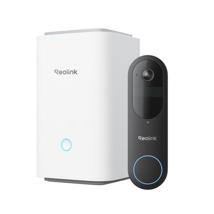 Zwarte Reolink videodeurbel met witte Home Hub1 voor lokale opslag en slimme AI-detectie.