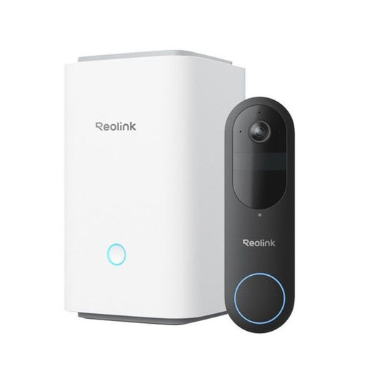 Zwarte Reolink videodeurbel met witte Home Hub1 voor lokale opslag en slimme AI-detectie.