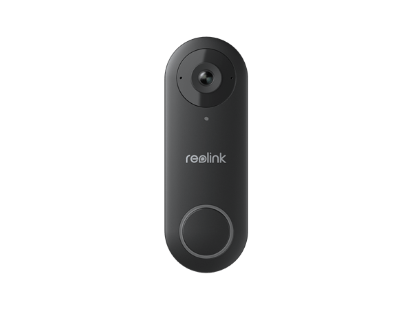 Zwarte Reolink D340W 5MP WiFi video deurbel met camera, ronde drukknop en strak verticaal design.