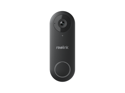 Zwarte Reolink D340W 5MP WiFi video deurbel met camera, ronde drukknop en strak verticaal design.