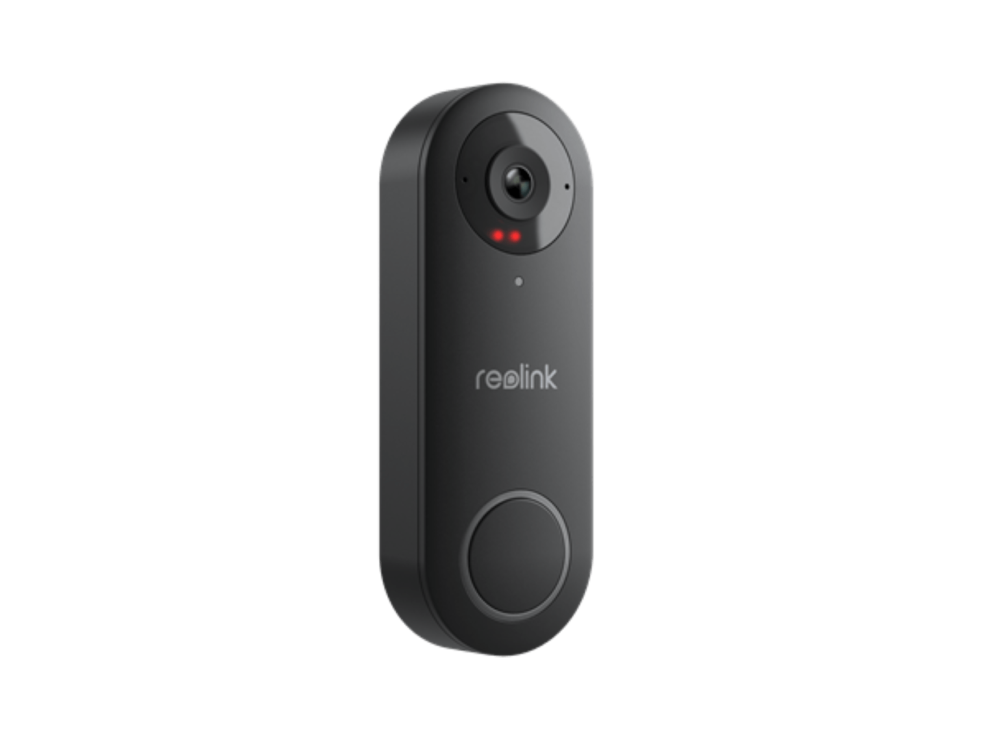 Zwarte Reolink D340W 5MP WiFi video deurbel met camera, nachtzicht en ronde drukknop op een witte achtergrond.