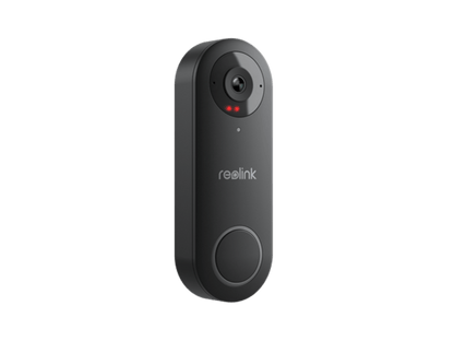 Zwarte Reolink D340W 5MP WiFi video deurbel met camera, nachtzicht en ronde drukknop op een witte achtergrond.