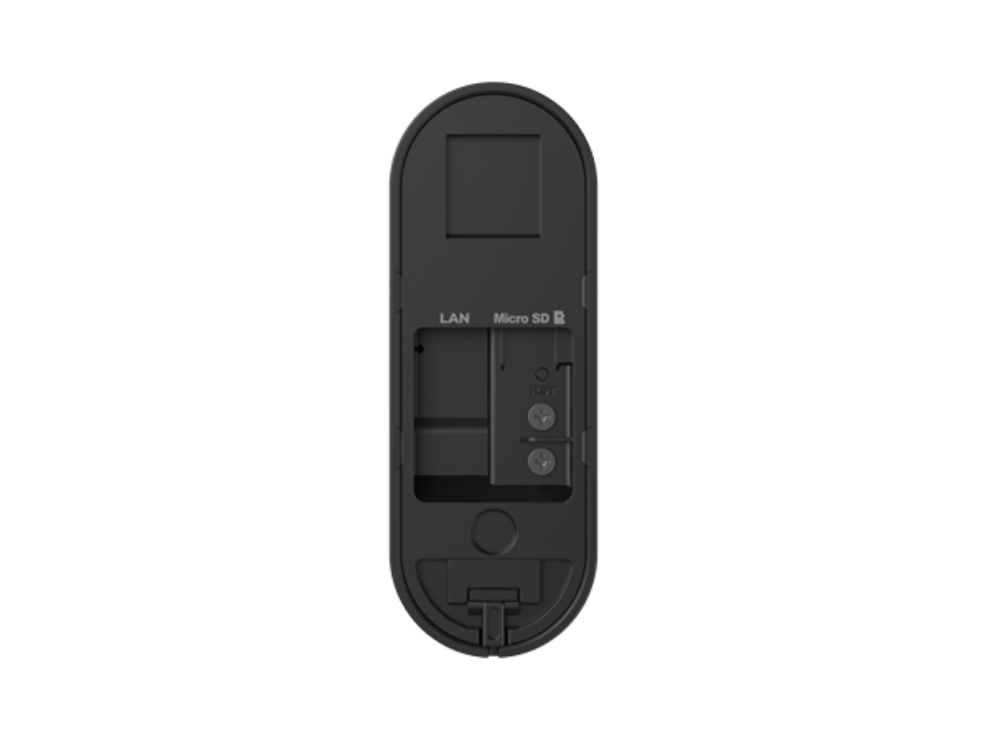 Zwarte achterkant van de Reolink D340W video deurbel met zichtbare MicroSD-sleuf, LAN-poort en resetknop.