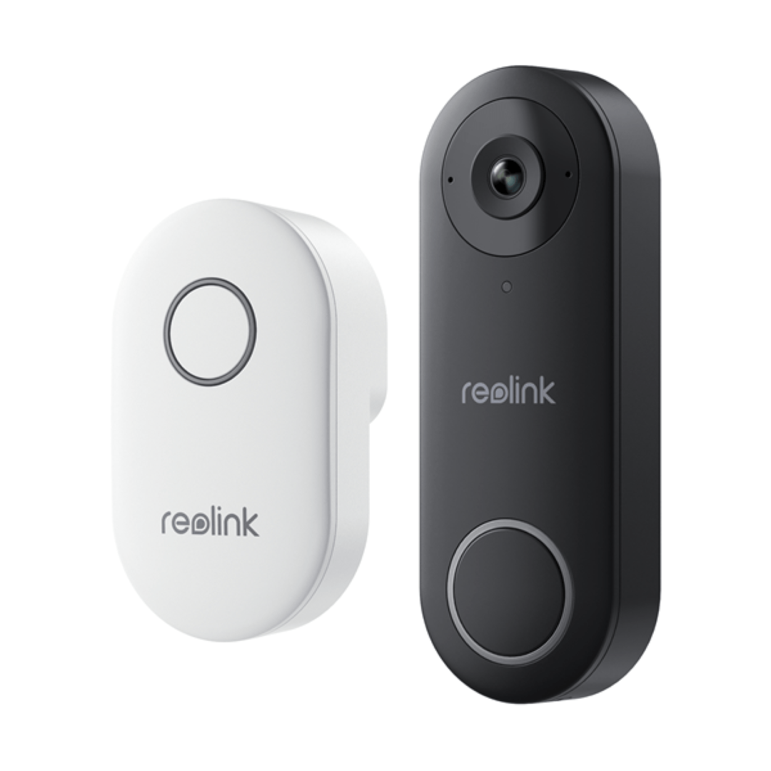 Zwarte Reolink D340W 5MP WiFi video deurbel met camera en bijbehorende witte draadloze gong op een witte achtergrond.