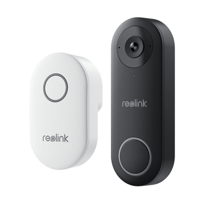 Zwarte Reolink D340W 5MP WiFi video deurbel met camera en bijbehorende witte draadloze gong op een witte achtergrond.