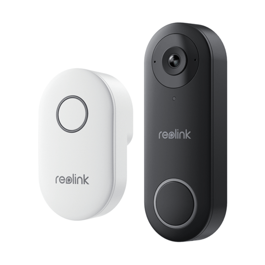 Zwarte Reolink D340W 5MP WiFi video deurbel met camera en bijbehorende witte draadloze gong op een witte achtergrond.