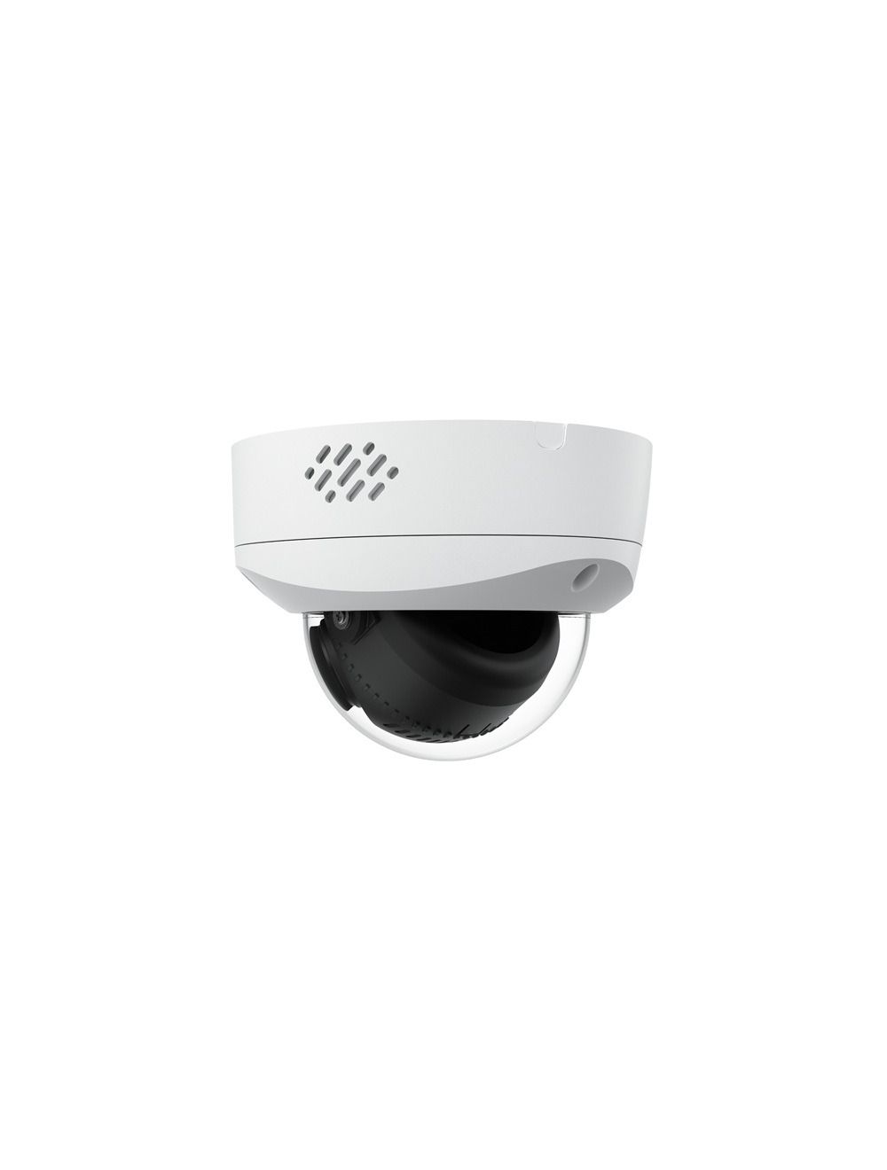 Witte Reolink P737 dual-lens dome camera met zwart cameramechanisme en transparante koepel tegen een witte achtergrond.
