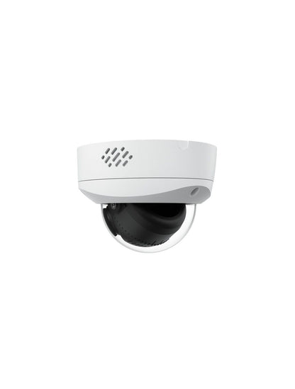 Witte Reolink P737 dual-lens dome camera met zwart cameramechanisme en transparante koepel tegen een witte achtergrond.