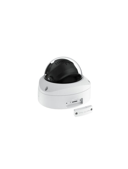 Witte Reolink Duo P757 16MP panoramische dome camera met zwarte lens en open micro-SD kaartslot.