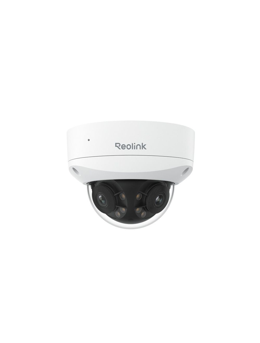 Witte Reolink Duo P757 panoramische domecamera met dubbele 4K-lenzen in een vandaalbestendige behuizing.