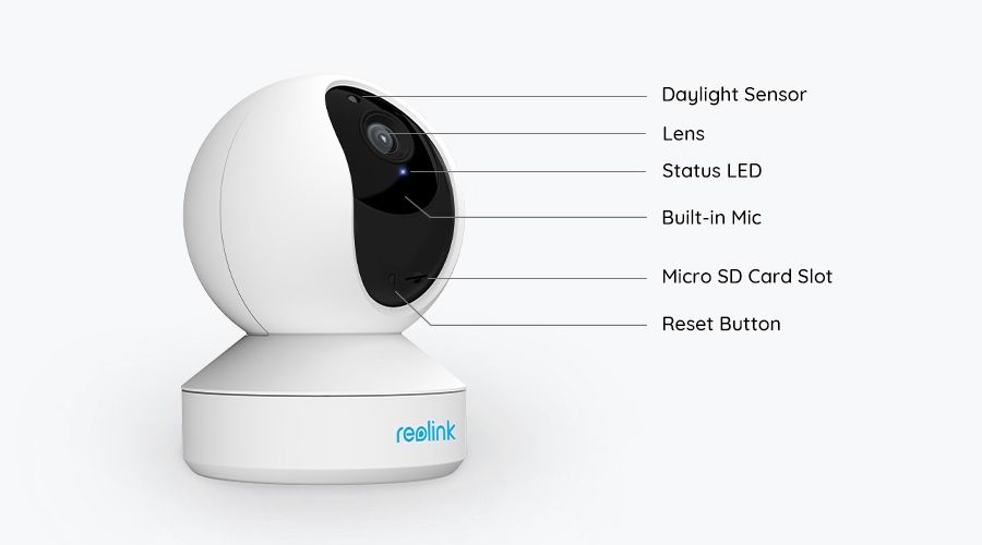 Witte Reolink E340 8MP WiFi PTZ dome camera met lens, microfoon, SD-kaartsleuf en sensor-aanduidingen.