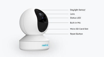 Witte Reolink E340 8MP WiFi PTZ dome camera met lens, microfoon, SD-kaartsleuf en sensor-aanduidingen.