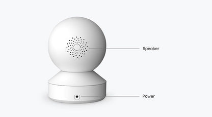 Witte Reolink E340 PTZ-camera met zichtbare speaker en stroomaansluiting aan de achterzijde.