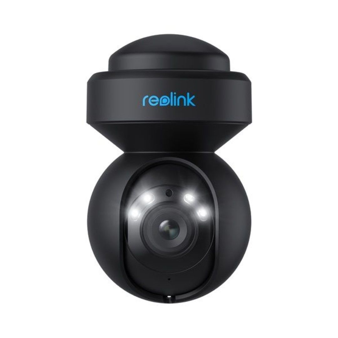 Zwarte Reolink E540 5MP WiFi PTZ dome camera met spotlight en lens in een compact, modern design.