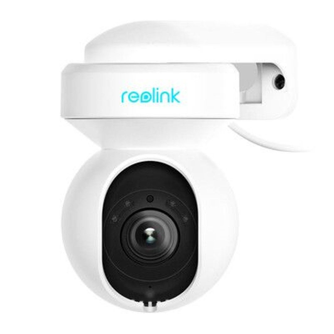 Witte Reolink E560-W 8MP WiFi 6 PTZ-domecamera met zwarte lens en spotlight voor slimme beveiliging.
