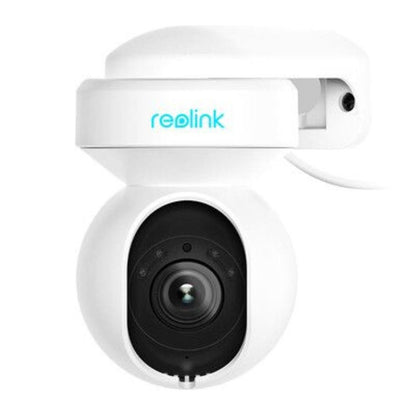 Witte Reolink E560-W 8MP WiFi 6 PTZ-domecamera met zwarte lens en spotlight voor slimme beveiliging.
