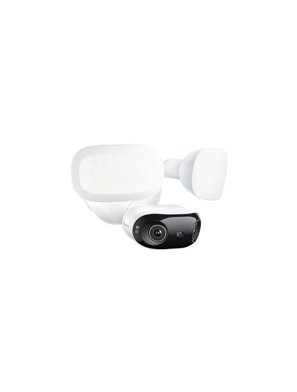 Witte Reolink F751W 16MP panoramische beveiligingscamera met twee instelbare LED-schijnwerpers en zwarte lensmodule.