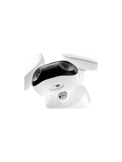 Reolink F751W witte 16MP panoramische beveiligingscamera met dubbele LED-schijnwerpers en verstelbare montagevoet.
