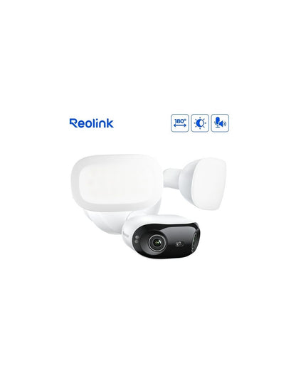 Witte Reolink F751W panoramische beveiligingscamera met dubbele LED-schijnwerpers en 180 graden lens.