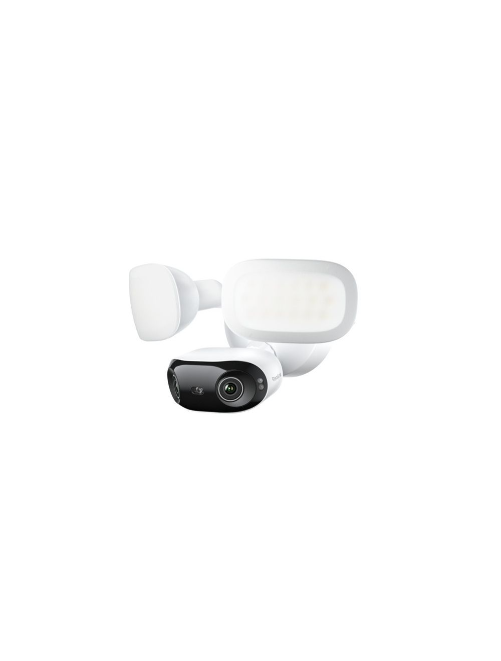 Witte Reolink F751W panoramische beveiligingscamera met twee verstelbare LED-schijnwerpers en zwarte cameralens.