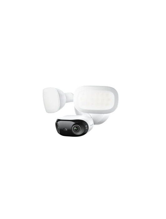 Witte Reolink F751W panoramische beveiligingscamera met twee verstelbare LED-schijnwerpers en zwarte cameralens.