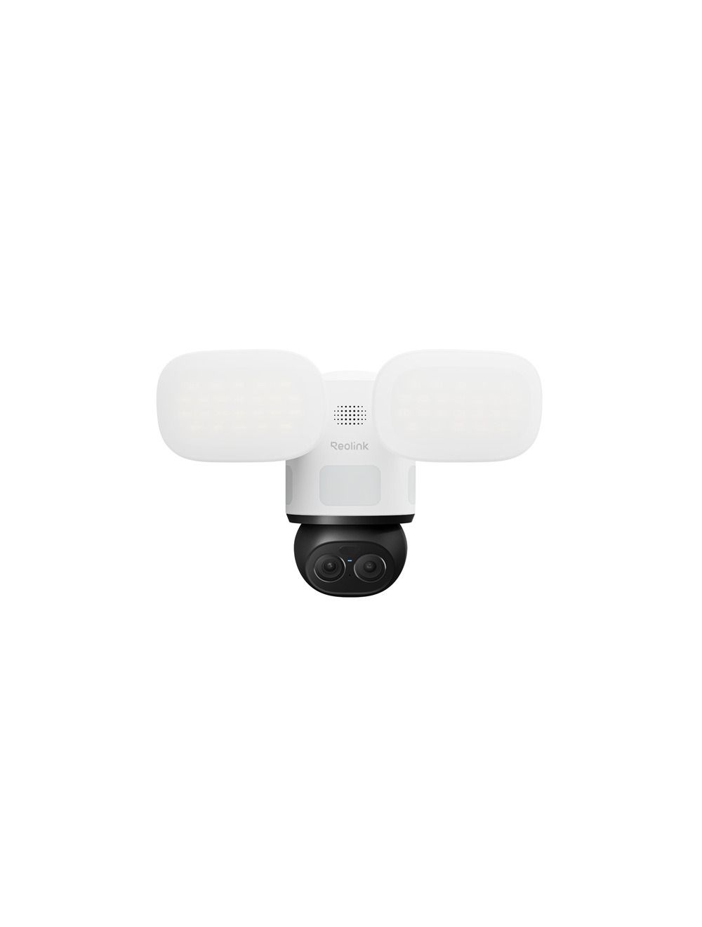 Witte Reolink F850W 4K dual-lens beveiligingscamera met twee schijnwerpers en zwarte pan-tilt cameramodule.