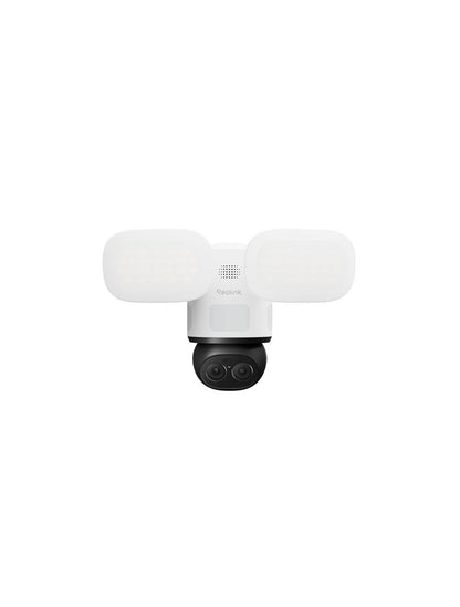 Witte Reolink F850W 4K dual-lens beveiligingscamera met twee schijnwerpers en zwarte pan-tilt cameramodule.