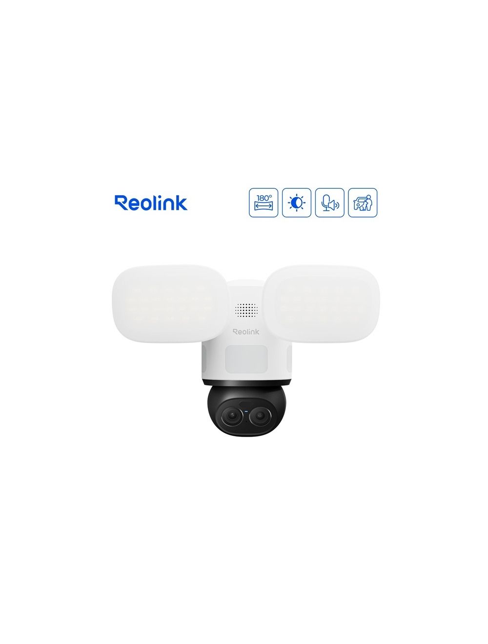 Witte Reolink F850W 4K dual-lens beveiligingscamera met twee verstelbare schijnwerpers en AI-gestuurde pan-tilt camera.