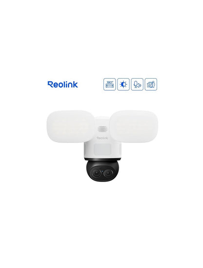 Witte Reolink F850W 4K dual-lens beveiligingscamera met twee verstelbare schijnwerpers en AI-gestuurde pan-tilt camera.