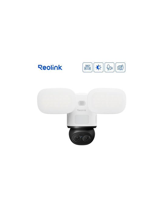 Witte Reolink F850W 4K dual-lens beveiligingscamera met twee verstelbare schijnwerpers en AI-gestuurde pan-tilt camera.