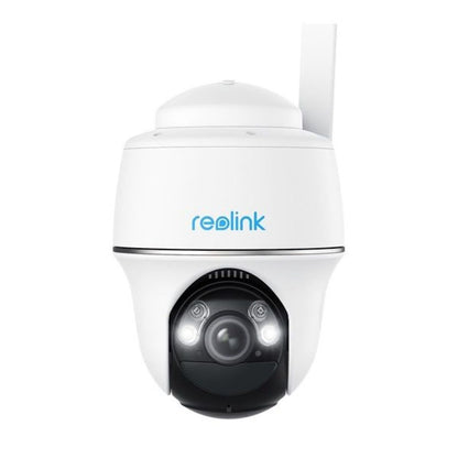 Witte Reolink G430 4G PTZ-buitencamera met zwarte lensmodule, ingebouwde antenne en led-verlichting.